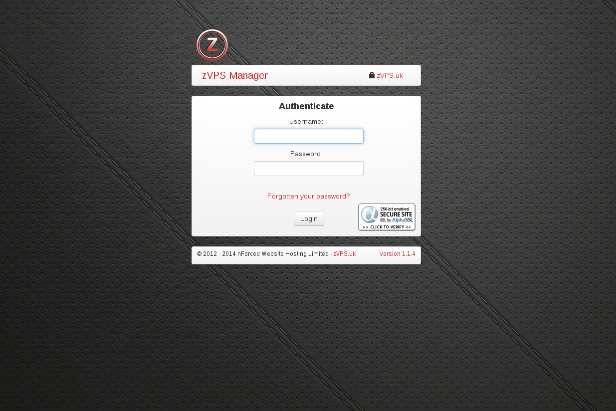Screenshot of zVPS Manager login page.
