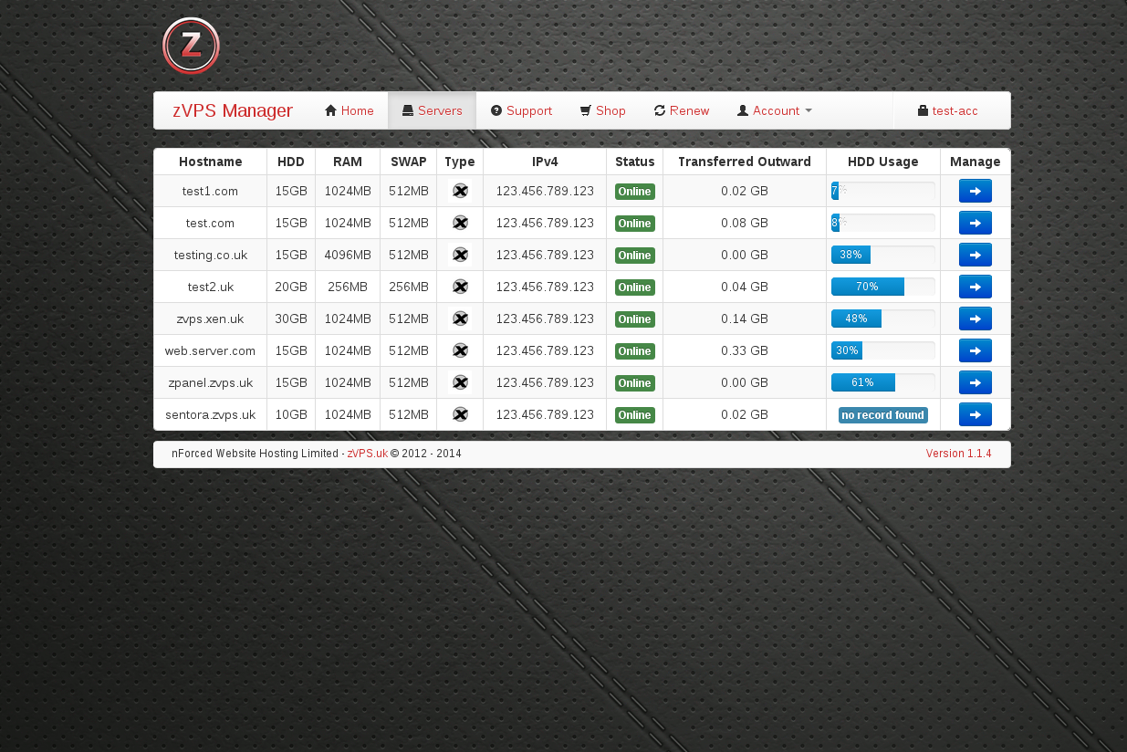 Screenshot of zVPS Manager your server listing.